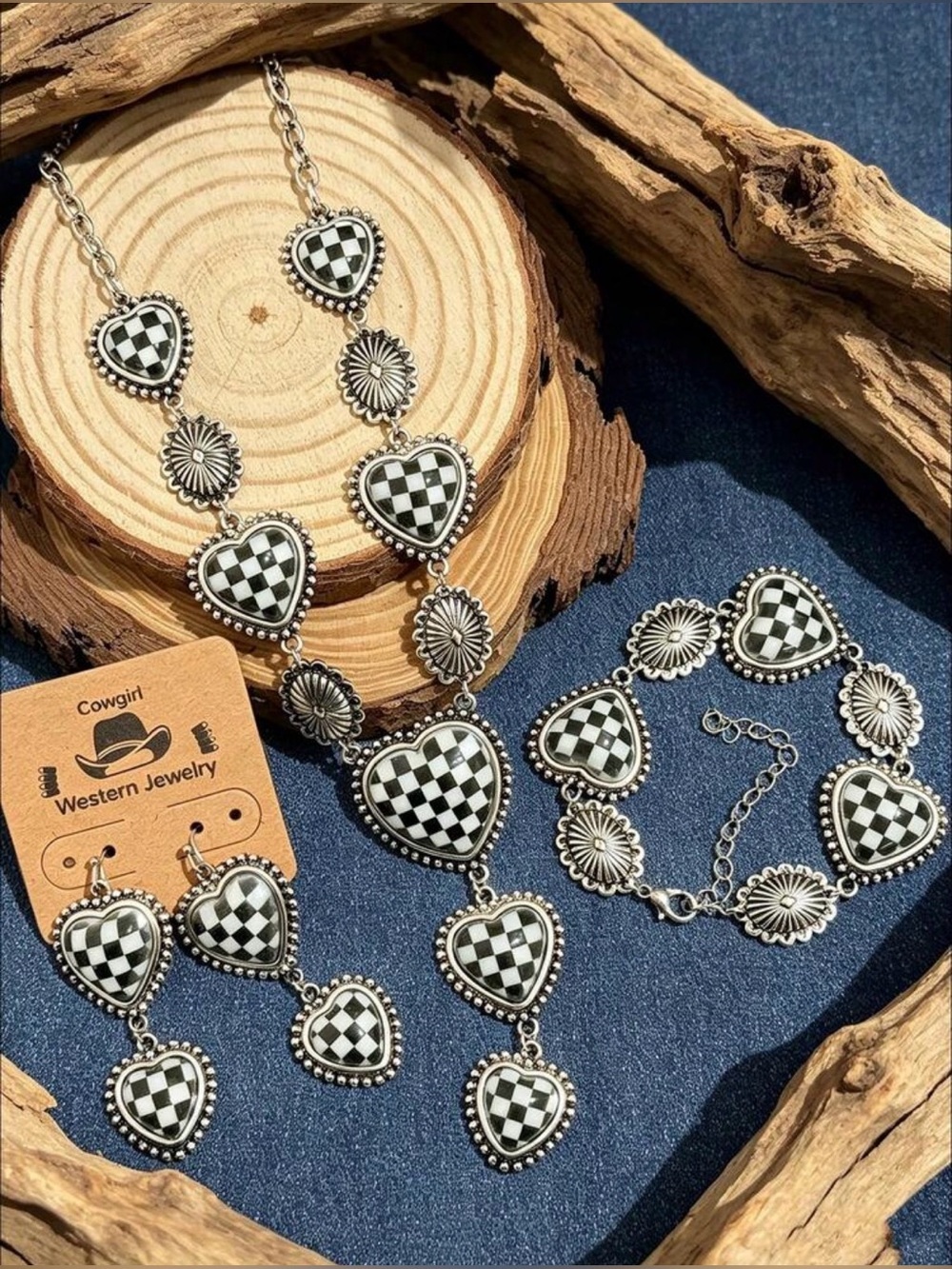 Black & White Checker Heart Jewelry Set